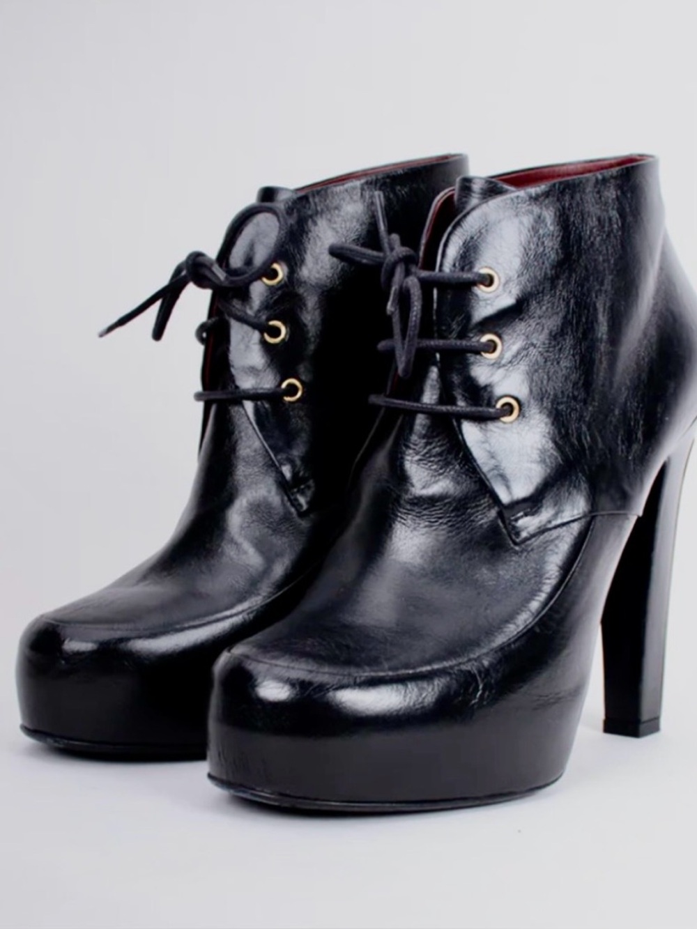 CHANEL Black Leather Logo Heel Lace-Up Platform Ankle Boots - Picture 8 of 15